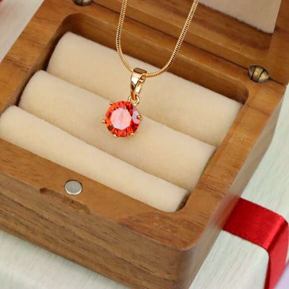 "Fiery Red Round Pendant in Gold Plating with Elegant Minimal Look, XPPT1676 - Picture 8 of 13